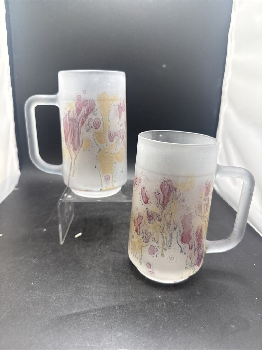 Vintage Rueven Satin Frosted Art Glass Coffee Mugs Watercolor Drip Set of 2
